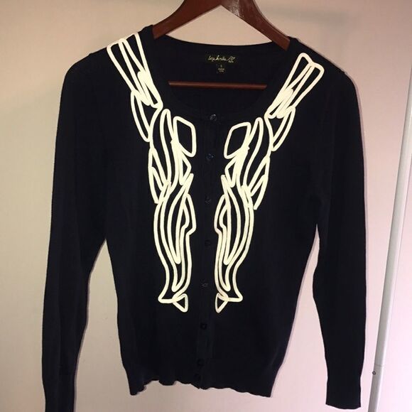 Top Knits Navy w White Ribbon Trim Cardigan - SM - Picture 7 of 7